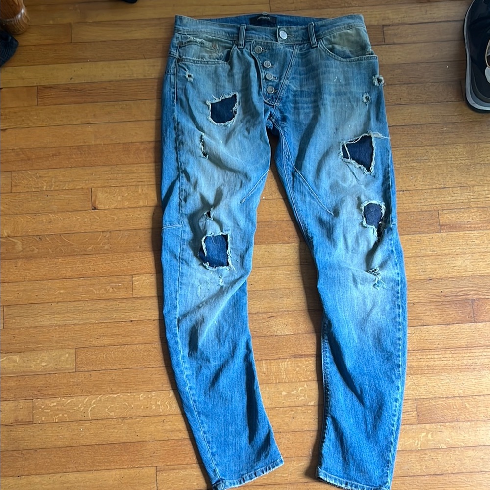 Slim Fit Blue Distressed Jeans with Tapered Legs